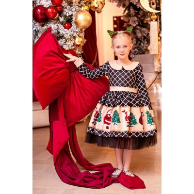 Kız Çocuk Kareli Bebe Yakalı Noel Baba Baskılı Kabarık Tüllü Siyah Elbise