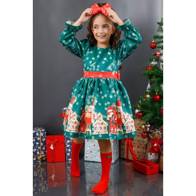 Kız Çocuk Puantiyeli Ayıcıklı Noel Baskılı Yeşil Elbise