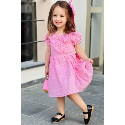 Kız Çocuk V Yaka Fırfırlı Dantel İşlemeli ve Eteği Kabarık Tüllü Pembe Elbise 2-10Yaş